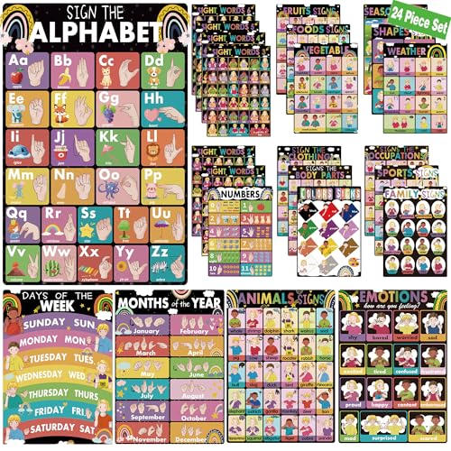 YIYDONG 24 ASL Posters America Sign Language Posters for Classroom ASL Education Charts for Toddlers Kids Students Classroom Decor Black