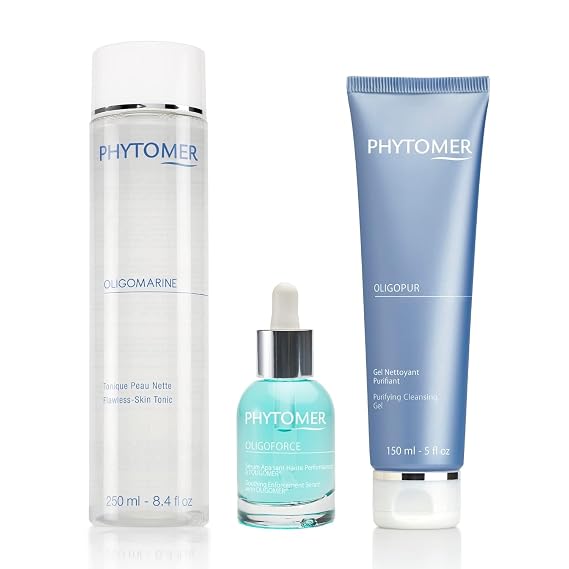 Phytomer Flawless Skin Bundle: Oligopur Purifying Cleansing Gel, Oligomarine Flawless Skin Tonic, Oligoforce Soothing Face Serum