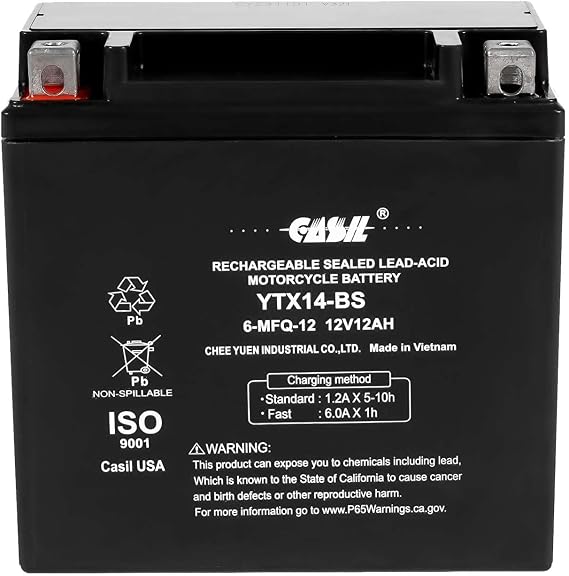 YTX14-BS Battery 12V 12AH 200 Cca - High Performance AGM SLA Power Sport Battery by Casil