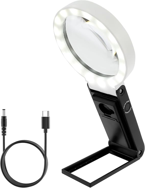 Magnifying Glass with Light and Stand, 10X 25X Foldable Magnifier, USB Handheld and Standing Illuminated Magnifier with 32 LED Lights, 3 Colour Mode Reading Magnifier Lighted Magnifying Glass