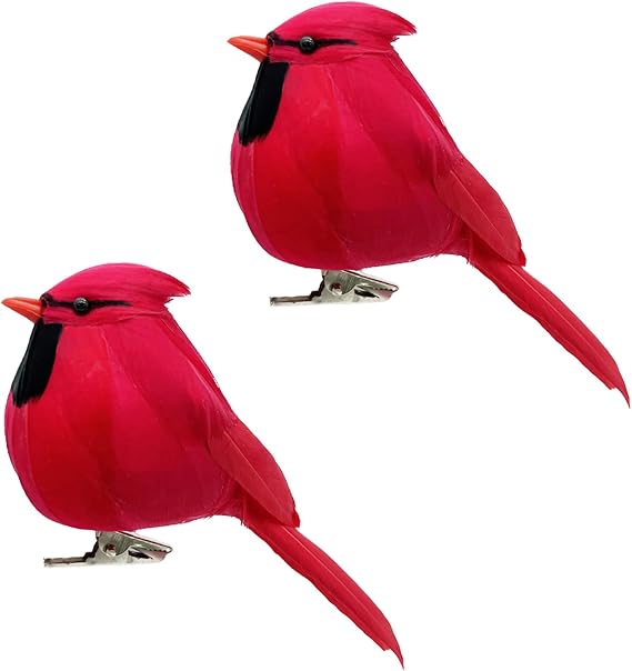 LWINGFLYER 2pcs Red Cardinals Christmas Ornaments Clip on Birds for Crafts Xmas Tree Wreath Decor Floral Arrangements Artificial Birds Realistic Cardinal