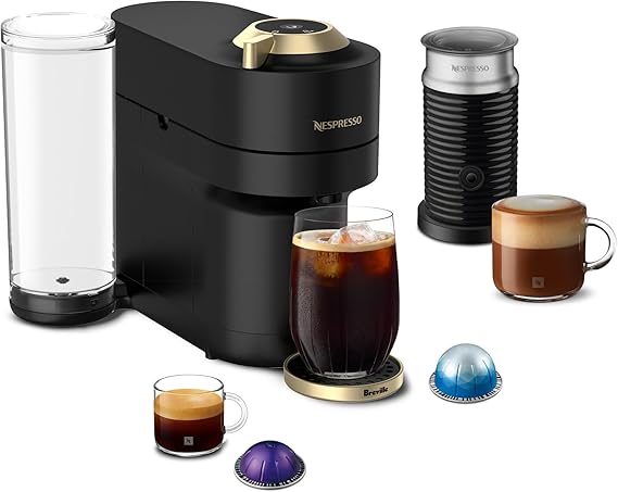 Nespresso Vertuo Pop+ Deluxe Coffee Machine with Frother, Matte Black Gold