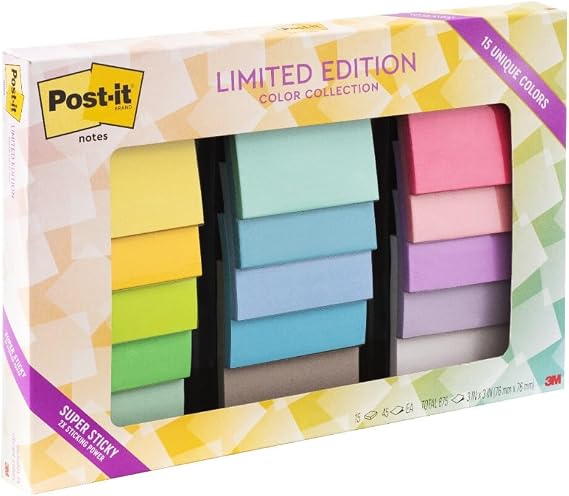 Post-it Super Sticky Notes, 15 Sticky Notes Pads, 3 x 3 in., School Supplies and Office Supplies, 2X the Sticking Power, Assorted Brights
