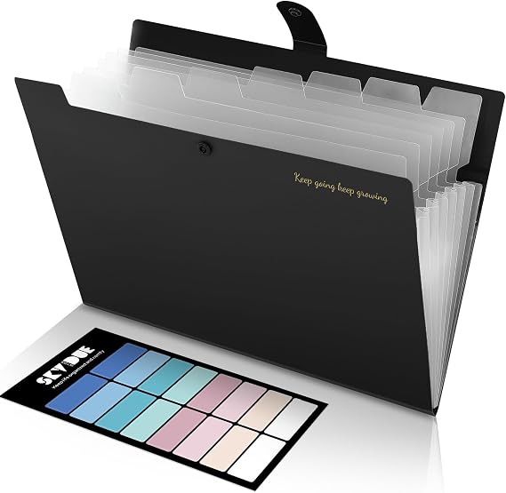 SKYDUE A4 Document Folder Expanding Folder with 8 Compartments Folder with Inner Pocket File Folder Folder for School Office Study and Home Robust PP Plastic (Black)