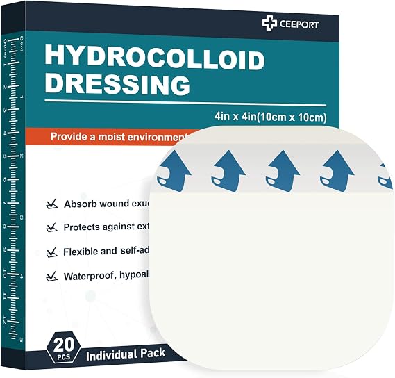 Ceeport 20 Pack Hydrocolloid Wound Dressing, 4" x 4" Ultra Thin Hydrocolloid Bandages with Self-Adhesive, Waterproof Hydrocolloid Patch for Bed Sore, Mild Burn, Blister, Acne Care