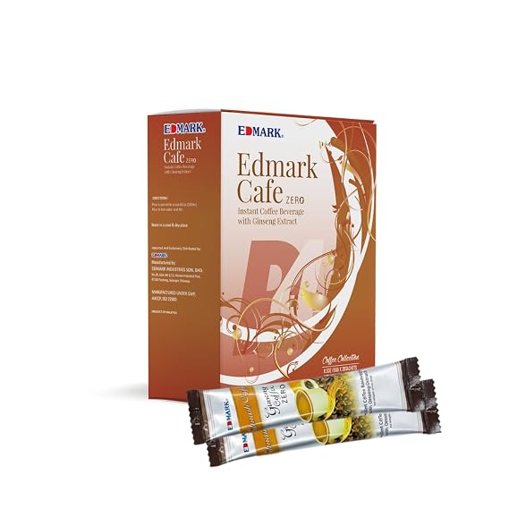 EDMARK ZERO Ginseng Coffee | Smooth Medium Roast w/Panax Ginseng | Low Sugar, Aspartame-Free Clean Sweetened Formula | Balanced Energy, Focus & Vitality Support | Steady Energy Blend | 20 Sachets/Box