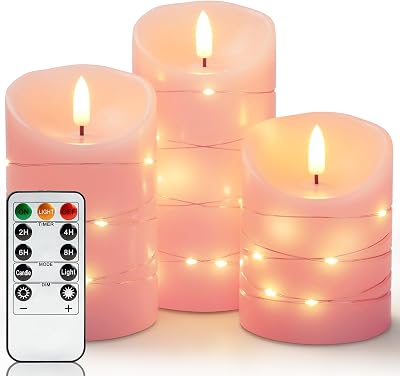 Homemory Flameless Candles with String Lights, 3 Pack Embedded Fairy String Lights LED Candles, Electric Flickering Candles with Remote Control and Timer, Real Wax, Pink
