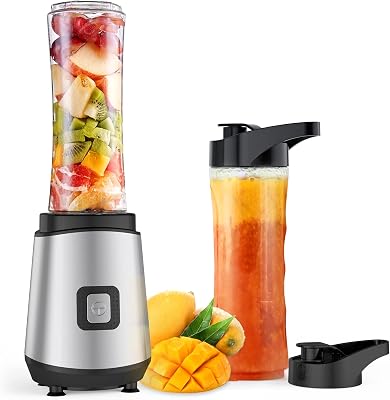 Smoothie Blender Personal Size for Shakes and Smoothies, 300 Watt Single Serve Small Blender with Two 20oz BPA-Free Travel Sport Bottles Silver
