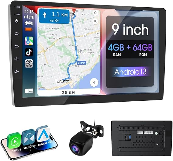 Haudio 9 inch Double Din Car Stereo,Apple Carplay an Android Auto 8 cores Radio Screen,Support Mirror Link,Bluetooth 5.0,FM/AM,DSP Car Audio Receivers,2 Din Autoradio with Backup Camera