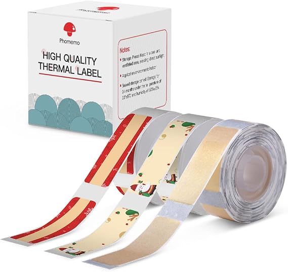 Phomemo D30 Label Tape Black on Christmas Pattern, Gold, Snow Mix Color Sticker Thermal Paper Self-Adhesive Label Tape, 14 x 50mm (1/2" x 17/8") 160 Tapes/Roll, 3-Roll for D30 D35 Q30 Q30S Q31 D30Pro