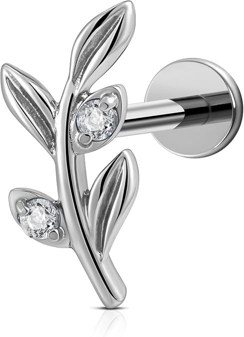FINE4U 1PC Leaf Flat Back Stud Flat, Helix, Conch, Tragus 6mm 8mm - ASTM F136 Titanium Screw on Body Piercing Jewelry