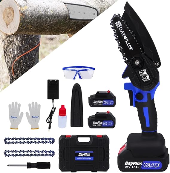 Electric Chainsaw Cordless Handheld Mini Chain Saw 600W Battery Saw Cutter for Cutting Trees Wood Branches, with 2x 21V Rechargeable Batteries and Charger, 2x Chains, Storage Case