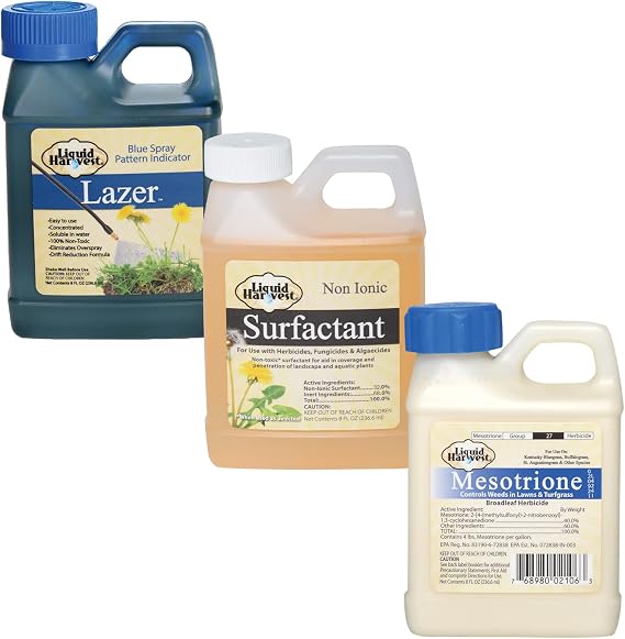 8 oz Liquid Harvest Lazer Blue Spray Pattern Indicator, Surfactant, and Mesotrione Bundle for Effective Weed Control