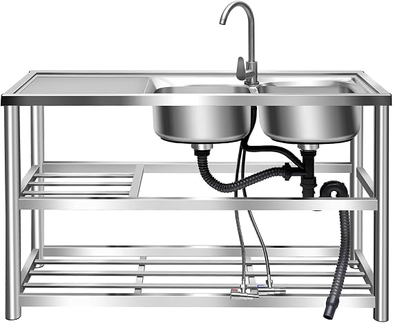 Double Bowl Sink Stainless-Steel Commercial Restaurant Kitchen Sink Set, 2 Compartment Utility Washing Hand Basin w/Faucet & Drainboard Freestanding Utility Sink with Workbench & Storage Shelves