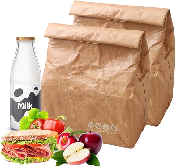 2 Pack Insulated Brown Paper Lunch Bags Reusable, Retro Lunch Sacks for Adults Work Office, Brown Paper - 7.8 x 5.9 x 11.8 inches