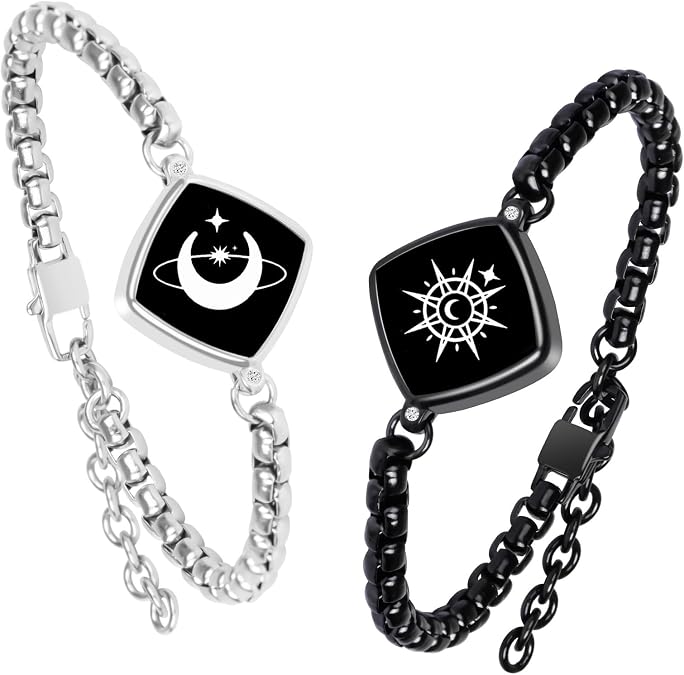 PULOMI Long Distance Touch Bracelets,Vibration & Light up Couples Bracelets, Remote Smart Matching Bracelet for Couples Long Distance Relationship Girlfriend Boyfriend Xmas Gifts Black Silver