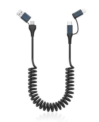 Coiled USB-C and Lightning Cable 2-in-1 with Dual Port (USB-C/USB-A) - 4ft Retractable Car Charger Cord for iPhone Android, Apple CarPlay & Auto, Tangle-Free 4-in-1 Car Charging Accessories (Black)