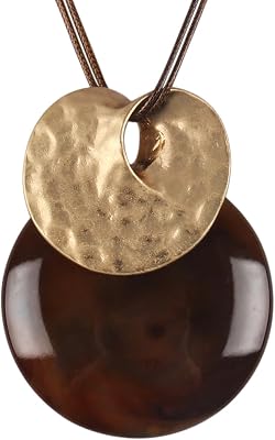 GelConnie Long Necklaces for Women Boho Large Pendant Necklace Casual Bohemian Brown Leather Choker Sweater Circle Statement Stone Necklace
