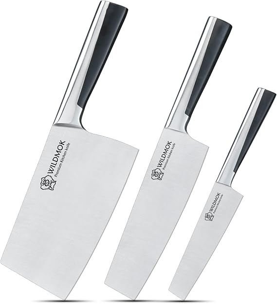 WILDMOK 3pcs Knife Set Stainless Steel Kitchen Knives Set 7inch Bone Chopper 7inch Nakiri Knife and 5inch Utility Cutter with Stainless Steel & ABS Handle, Perfect Cutlery Set Gift
