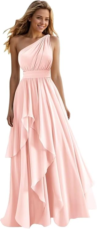 A Line One Shoulder Bridesmaid Dresses for Wedding Ruffles Chiffon Long Formal Evening Party Gowns with Pockets Blush Pink