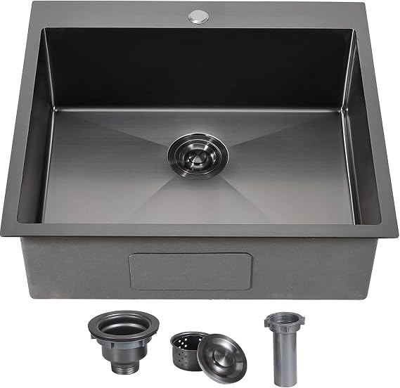 Friho 25x22 Inch Black Drop In Kitchen Sink, Stainless Steel Square RV Laundry Utility Sink, 25 Inch Topmount Deep Small Single Bowl Kitchen Sink