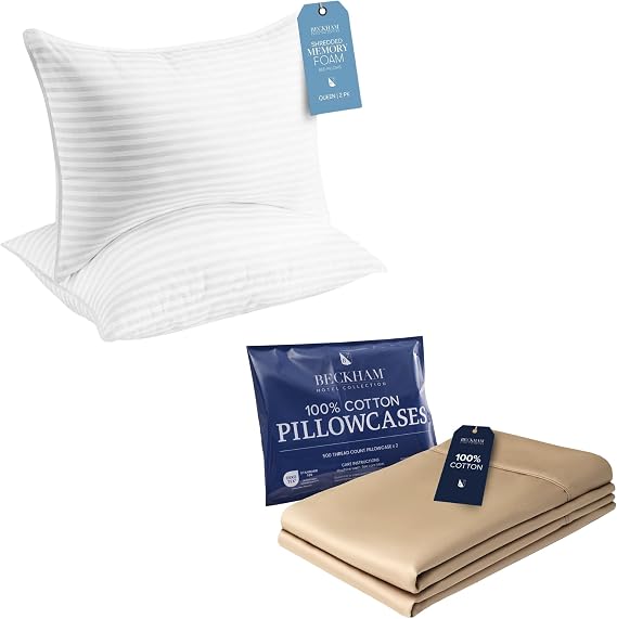 Beckham Hotel Collection Queen/Standard Size Memory Foam Bed Pillows & Cotton Pillowcases - Set of 2, Sand