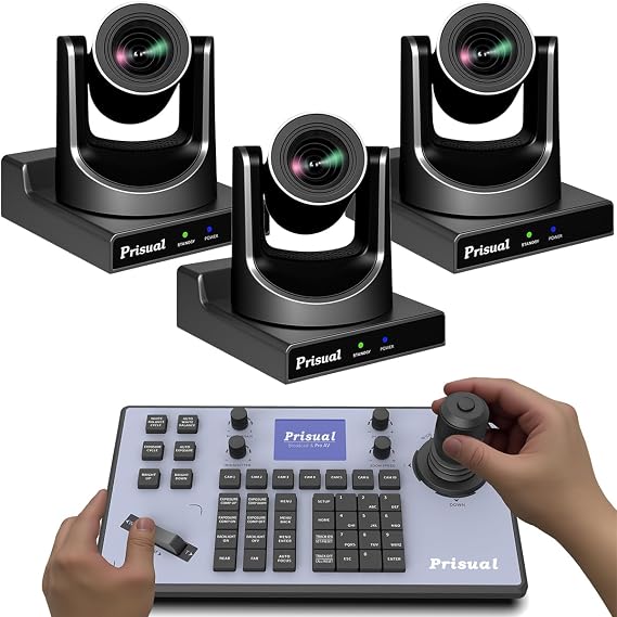 Prisual PTZ Camera System Gen 5, 20X Optical Zoom, Advanced Ai Auto Tracking, PoE HDMI SDI Bundle PTZ for Church Worship Conference,NDI PTZ Controller, (PTZ Bundle TEM-20S PROx3+TEM-JOY1)