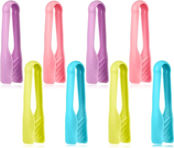 CHENGU 8 Pcs Small Tongs for Kids Mini Color Plastic Cooking Tongs, 6 Inch
