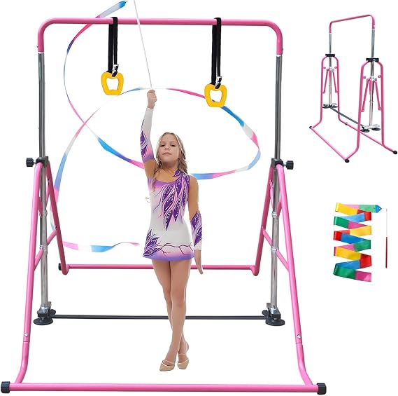 Gymnastics Bar Folding Gymnastics Equipment with Gymnastic Rings Adjustable Height Horizontal Bar for Kids/Home Girls/Children Ages 3-12 Years.