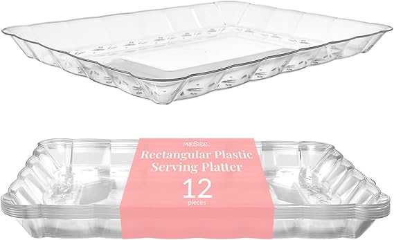 Prestee 12-Pack Serving Tray - 9x13 Inches Disposable Rectangular Plastic Food Tray for Parties and Events - Clear Platters for Dessert Table Displays, Appetizers, Snacks, and More