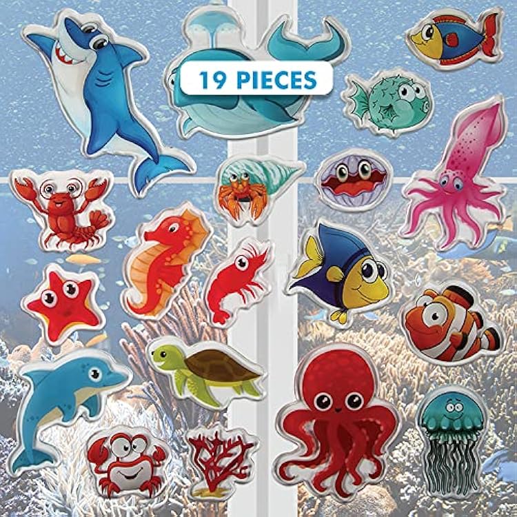Ocean Sea Animal Gel Window Clings for Kids - Window Stickers for Toddlers, Gel Clings Window Decals Kids Jelly Reusable Sticker - Home Car Plane Airplane Activities - Underwater Life Jesplay USA