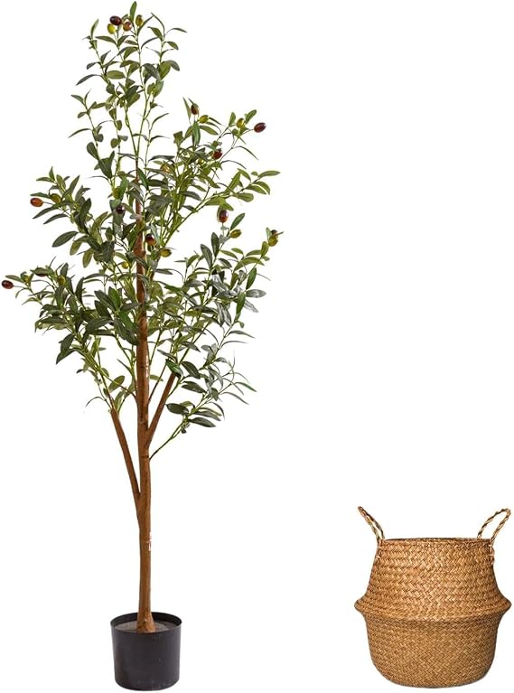 4FT Artificial Olive Tree Indoor, Tall Faux Olive Tree with Pot&Basket, Large Fake Olive Tree with Realistic 576 Silk Leaves and 32 Fruits for Living Room Home Office Decor