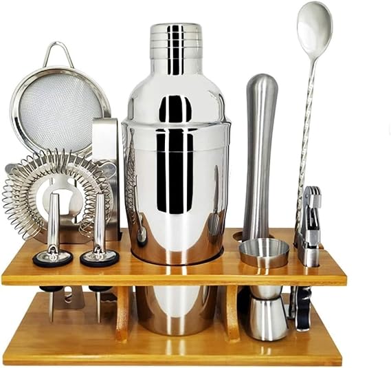 11Pcs Bar Set 750ML Cocktail Shaker Set with Stylish Wooden Stand and Recipes Booklet Perfect Home Bartending Kit with Bar Tools