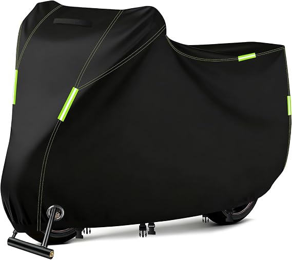 Motorbike Cover Waterproof Outdoor, Heavy Duty 210D Universal Motorcycle Cover Rain UV Dust Resistant with Lock Holes, Reflective Strips and Storage Bag (116" x 41" x 49")