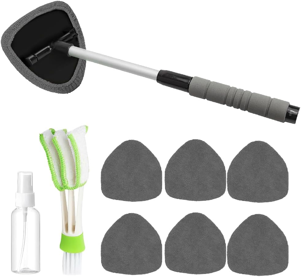 9PCS Car Windshield Cleaner Tool, Vehicle Window Cleaning Kit with 6 Reusable Pads Spray Bottles Ventilation Brush Extendable Handles, Auto Inside Glass Wiper Set, Universal Fit Gray