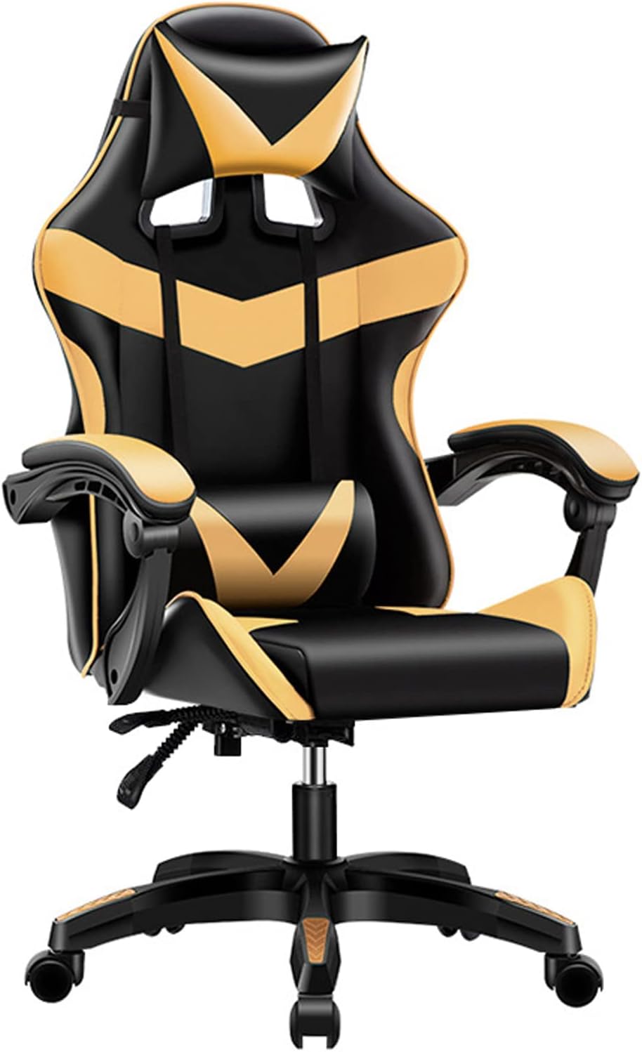 Ergonomic Gaming Chair Style PU Leather Heavy Duty 360 Swivel Racing Desk Adjustable Headrest Lumbar Support,Gold (Gold)