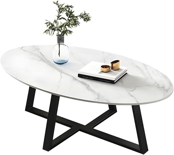 Oval Stone Top Coffee Cocktail Table with Cross Base Slab Coffee Table Marble Coffee Table Small Apartment Oval Tea Table Black Table Top Table Base(White+Black,47" L x 24" W x 18" H)