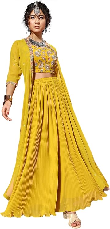 TRENDMALLS Women's Georgette Embroidery Crop Top with Flared Pleated Palazzo and Shrug Set