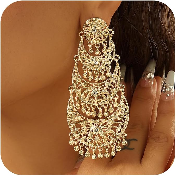 Gold Jhumka Indian Earrings for Women Vintage Indian Bollywood Chandelier Earrings Traditional Tribal Ethnic Jhumka Ear-rings Indian Dress Outfits Jewelry Wedding Prom Party Accessories