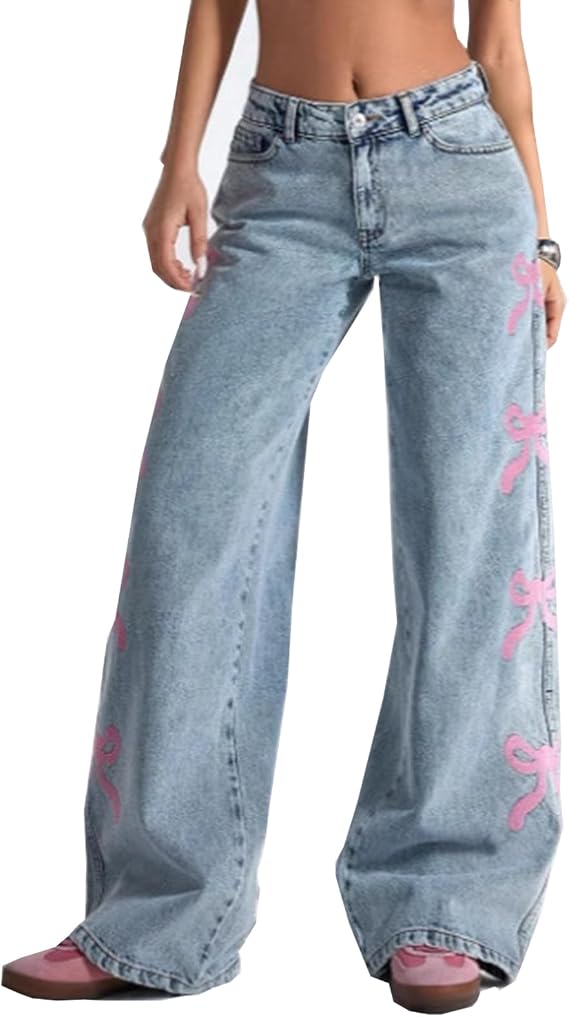 Women's Bow Print Jeans Loose Straight Mid-Rise Baggy Relaxed Fit Stretchy Wide Leg Denim Pants Casual Trousers
