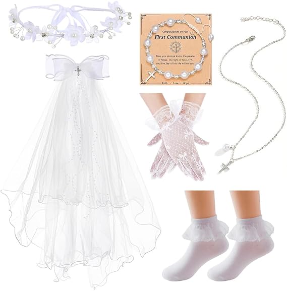 First Communion Veils Set 1st Communion Wreath Veil Pearl Bracelet Gloves Sock Accessories
