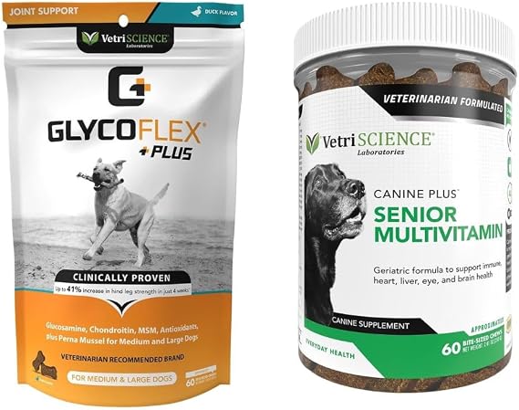 VetriScience Glycoflex Plus Clinically Proven Hip & Joint Supplement for Dogs, 60 Chews & Canine Plus MultiVitamin for Senior Dogs, 60 Chews