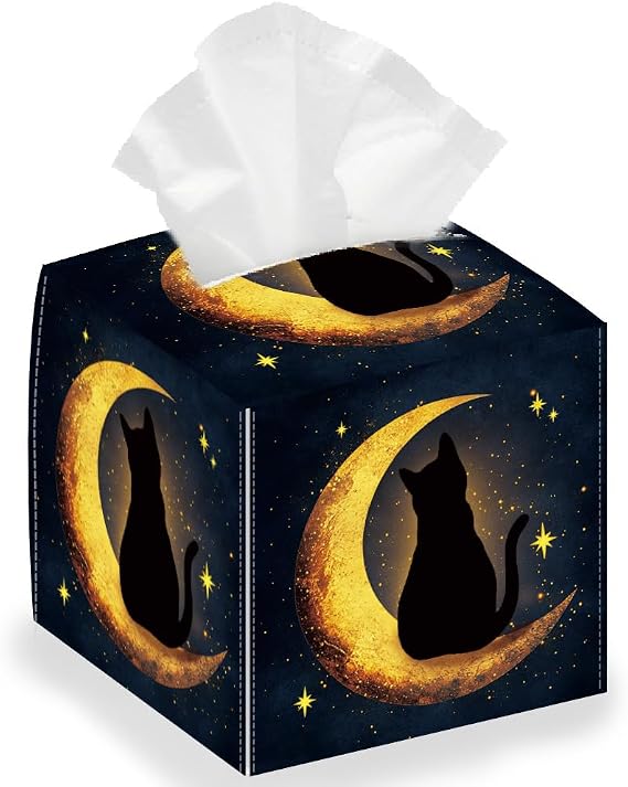 Moon Cat Square Tissue Box Cover, Foldable Tissue Storage Box, Waterproof Paper Towel Case, Organizer, Black, PU Leather 