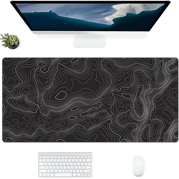 keepcute Black Topographic Desk Mat, Large Gaming Mouse Pad 35.4x15.7in