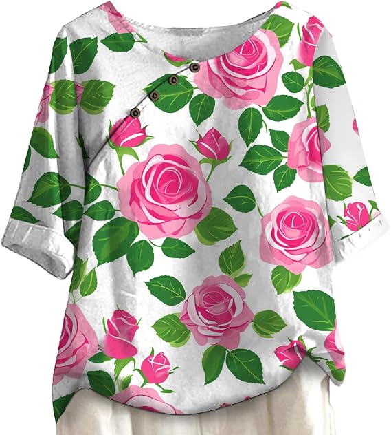 Womens Summer Tops Trendy Elegant Side Button Loose Dressy Tunic Shirts Crewneck 3/4 Length Sleeve Plus Size Hide Tummy Flowy Blouses Simple Rose Print Beach Vacation Business Causal Outfits,L