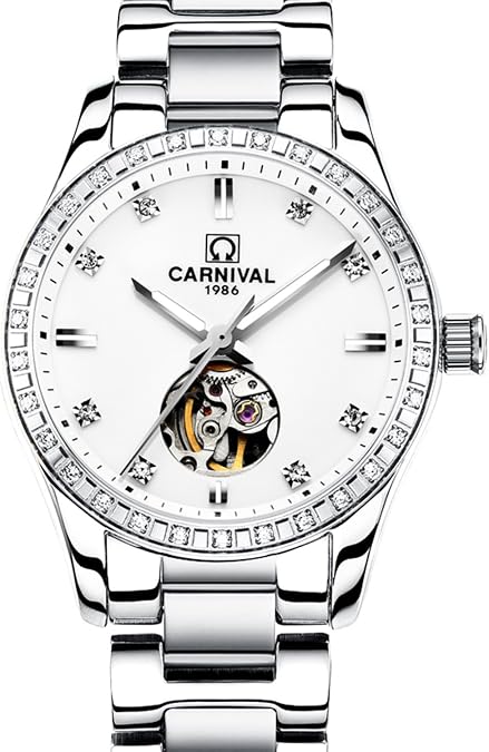 Carnival Womens Skeleton Automatic Mechanical Synthetic Sapphire Crystal Rose Gold Stainless Steel Lady Sapphire Waterproof White Watch