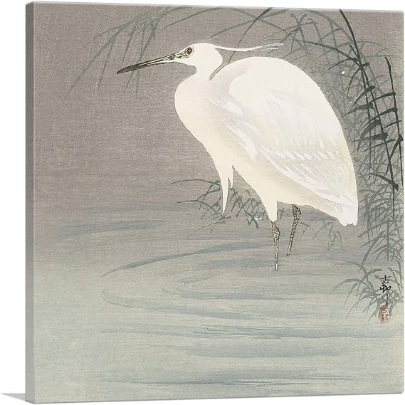 ARTCANVAS Wading Egret Canvas Art Print Stretched Framed Painting Picture Poster Giclee Wall Decor by Ohara Koson - 18" x 18" (1.50" Deep)