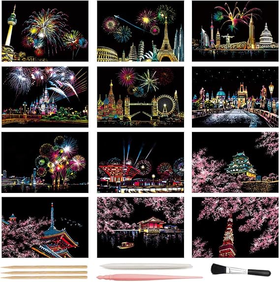 Magic Scratch Art Paper, Mini Envelope Postcard, Rainbow Night View Scratchboard for Adults and Teens, Art & Crafts Set: 12 Sheets Scratch Cards & Drawing Pen, Clean Brush (Fireworks/Cherry Blossom)