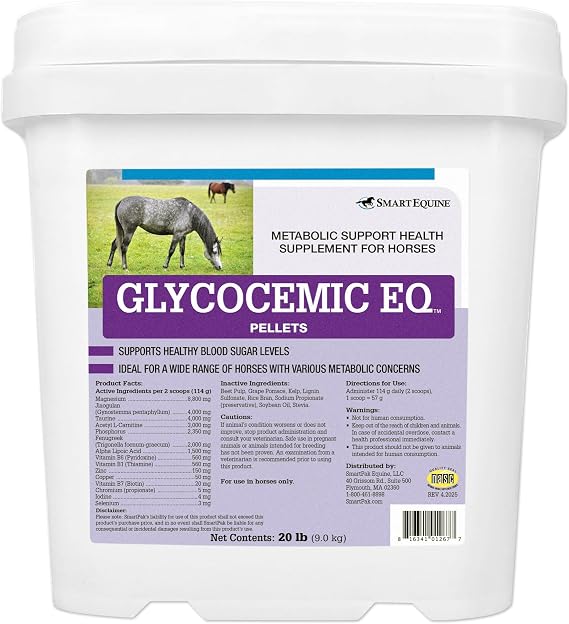 SmartEquine Glycocemic EQ Pellets | Equine Metabolic Support | for Thyroid Function and Healthy Weight Support | Taurine, Jiaogulan, and More | 20 lb Bucket