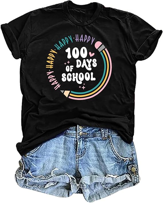 LHBNK Teacher Shirts Women Happy 100 Days of School T-Shirt Teach Print Graphic Tshirt Teacher Gifts Tops Tee